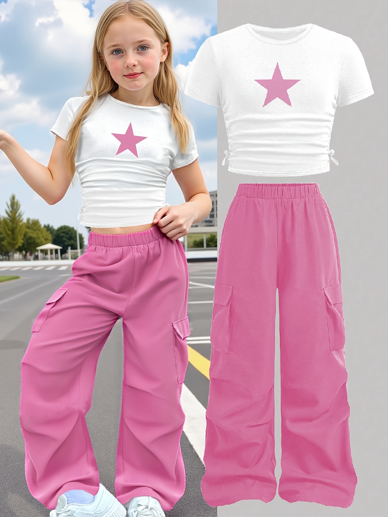 Street Fashion Co - Trendy Girls 2Pcs Co-Ord, White Star