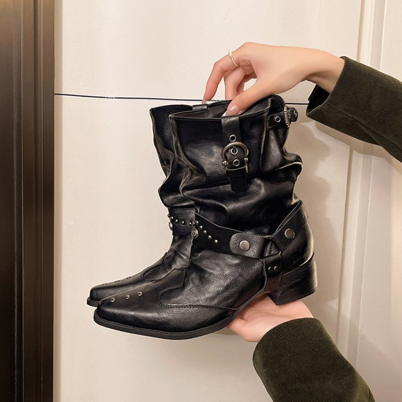 Street Fashion Denim - Y2k Motorbike Mid-calf Boots Retro PU